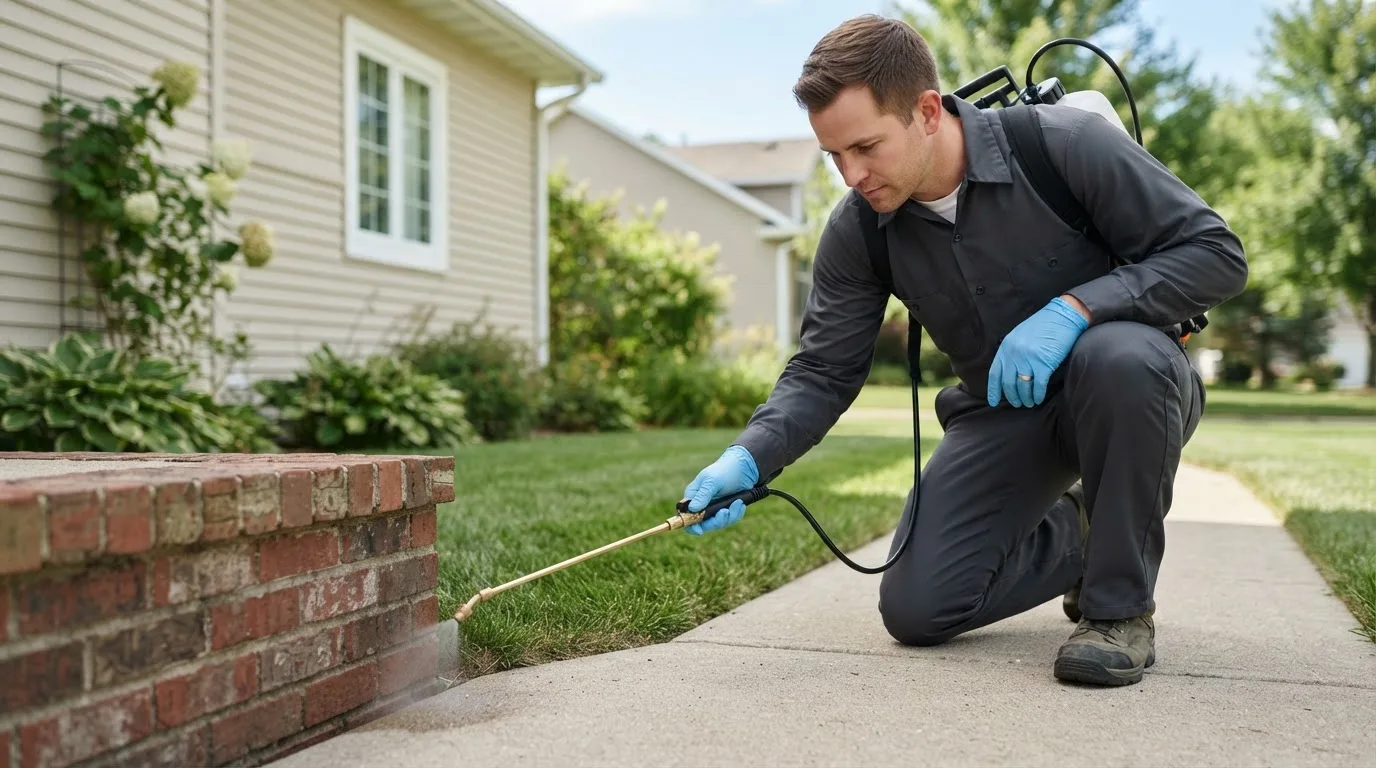 Pest control technician treating a home near Wolcott, CT